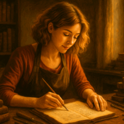 Éléonore, héroïne du roman Et la nuit se lève, en train d’écrire – symbole de création et de mémoire.