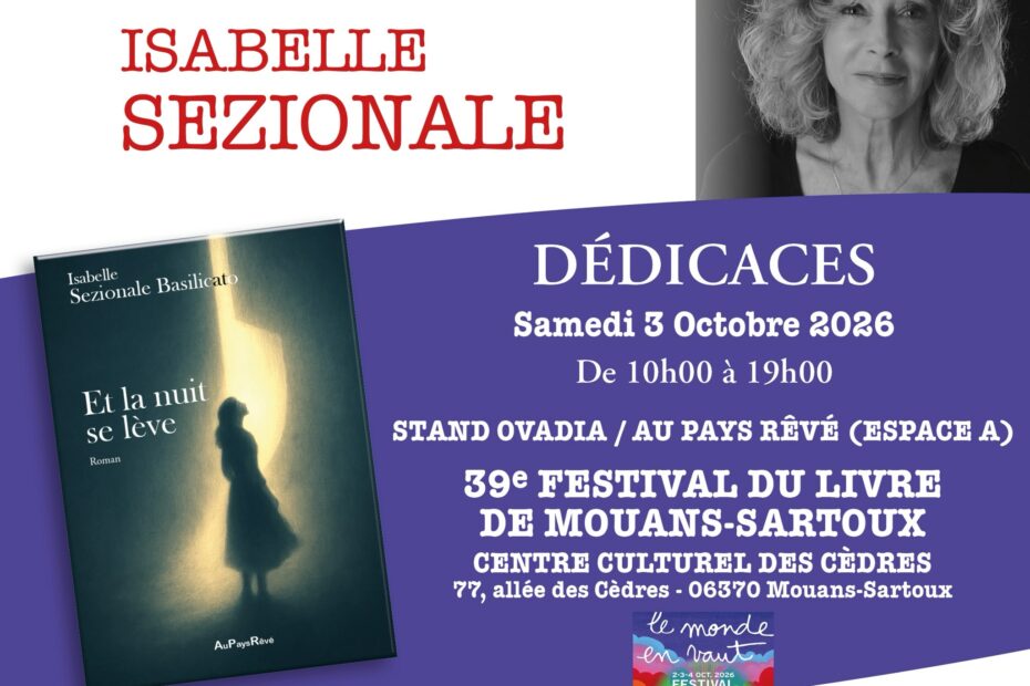 Affiche de dédicace d'Isabelle Sezionale Basilicato au Festival du Livre de Mouans-Sartoux 2026